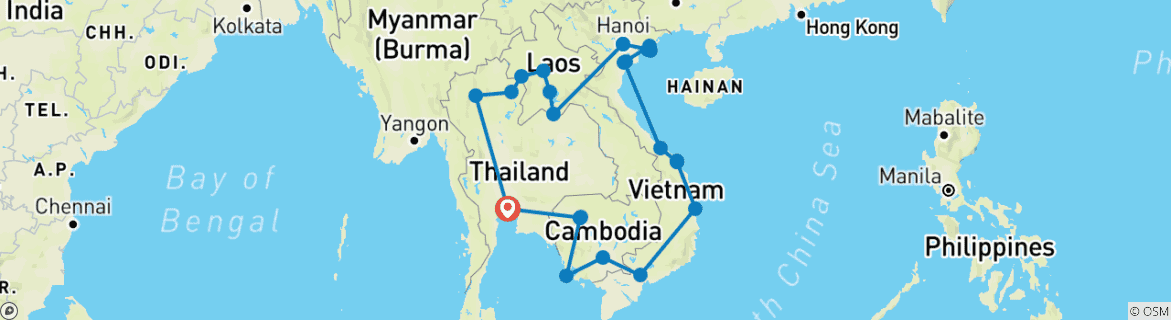 Carte du circuit 18 à 35 ans : le meilleur de l'Asie du Sud-Est (26 destinations)