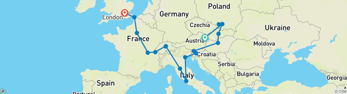 Image of a map showing the route of the tour