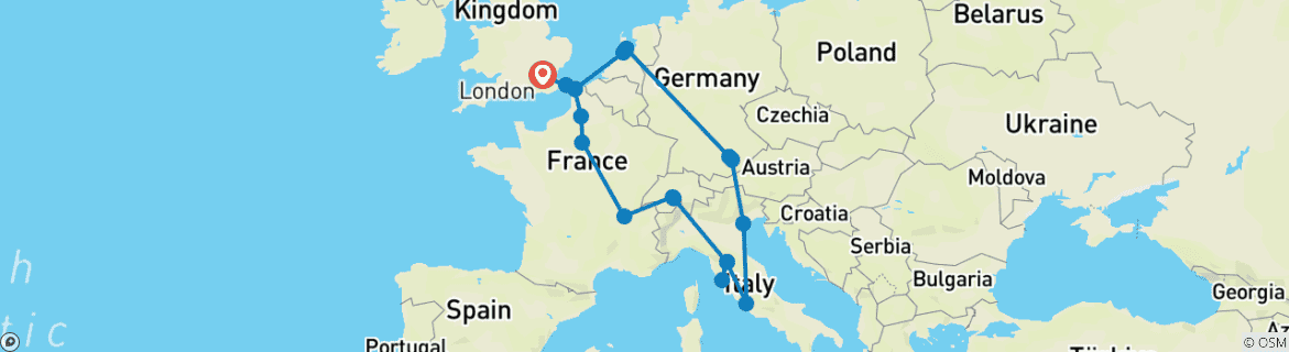 Image of a map showing the route of the tour
