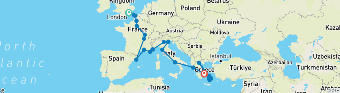 Image of a map showing the route of the tour