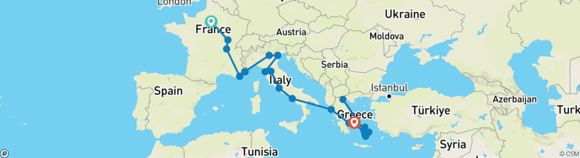 Image of a map showing the route of the tour