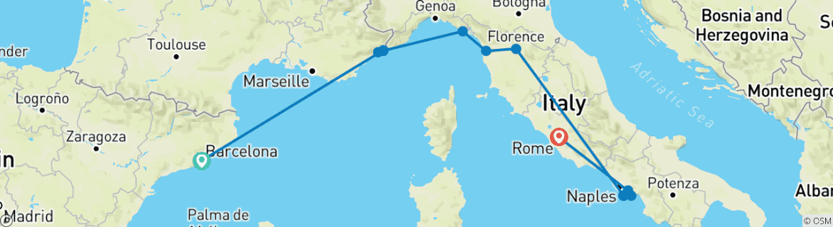 Carte du circuit Circuit de Barcelone à Rome (auberges de jeunesse, hiver jusqu'en mars 2027, circuit classique)