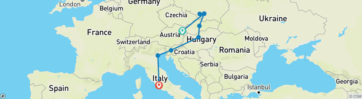 Image of a map showing the route of the tour