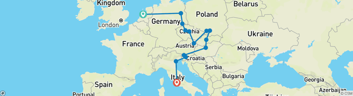 Image of a map showing the route of the tour