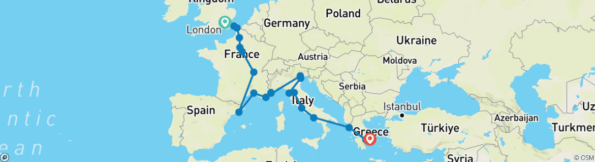 Image of a map showing the route of the tour