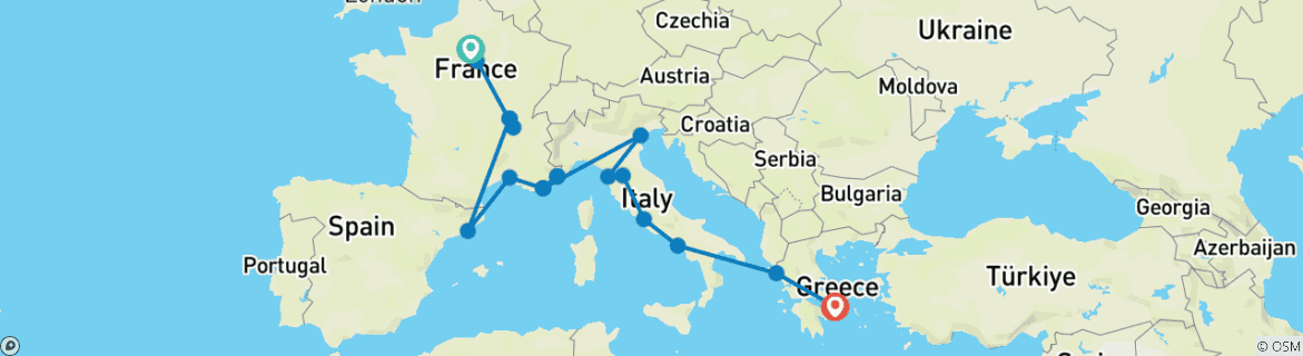 Image of a map showing the route of the tour