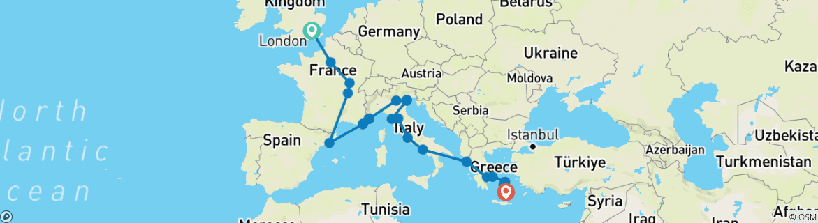 Image of a map showing the route of the tour