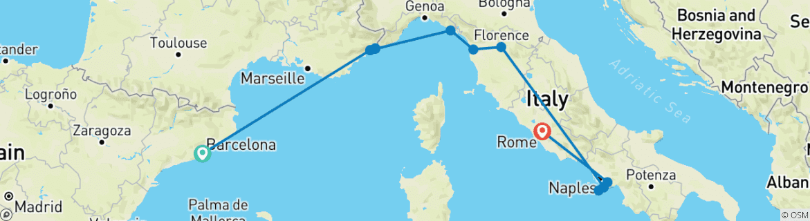 Carte du circuit Circuit Barcelone-Rome (hôtels, été à partir d'avril 2027, formule classique)