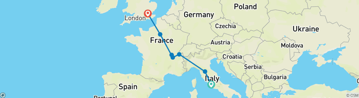 Image of a map showing the route of the tour
