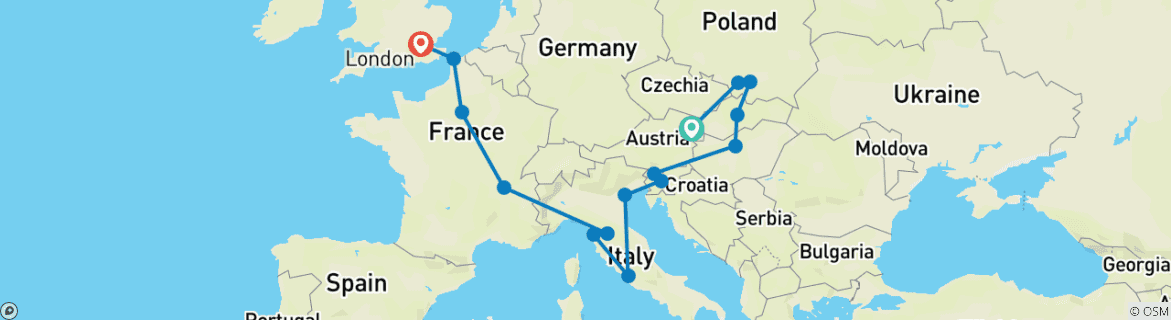 Image of a map showing the route of the tour