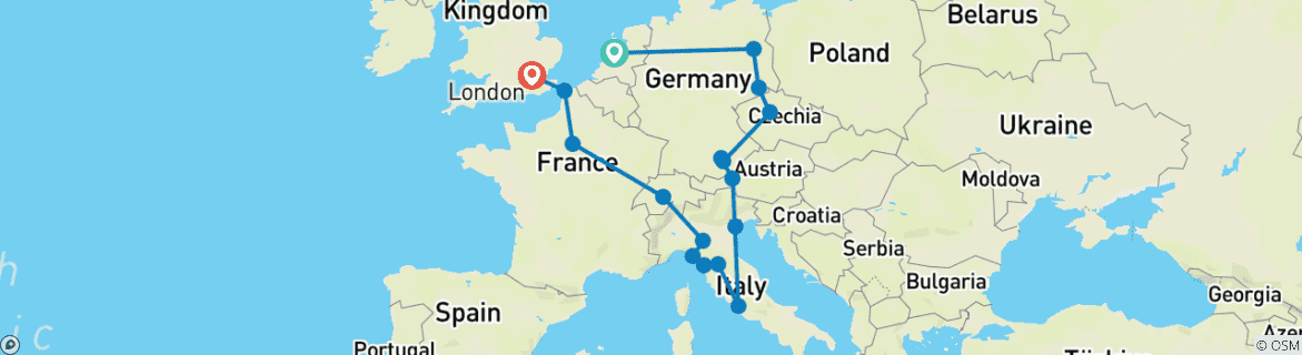 Image of a map showing the route of the tour