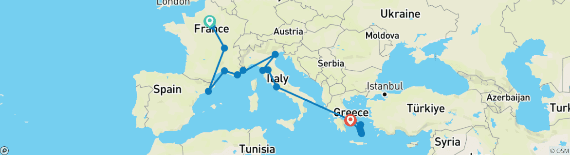 Image of a map showing the route of the tour