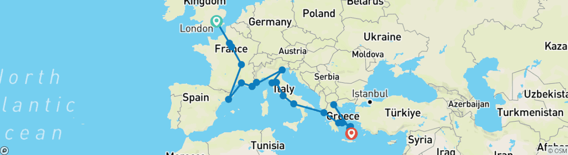Image of a map showing the route of the tour