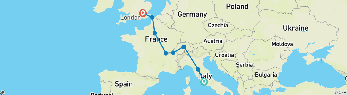 Karte von Reiseroute Rom–London (Hotels ab März 2027, Classic)