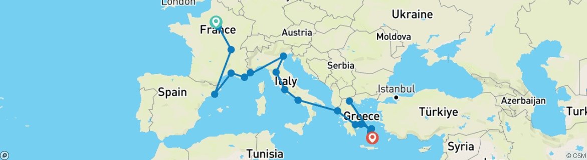 Image of a map showing the route of the tour