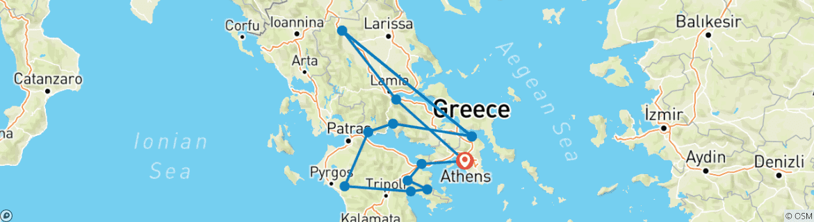 Image of a map showing the route of the tour