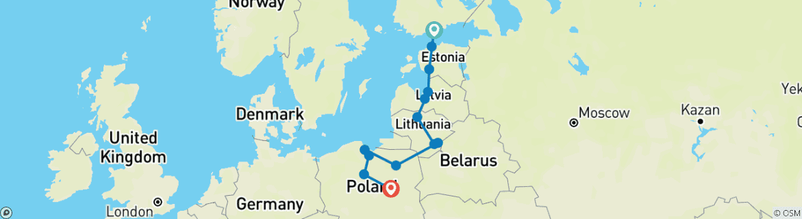 Image of a map showing the route of the tour