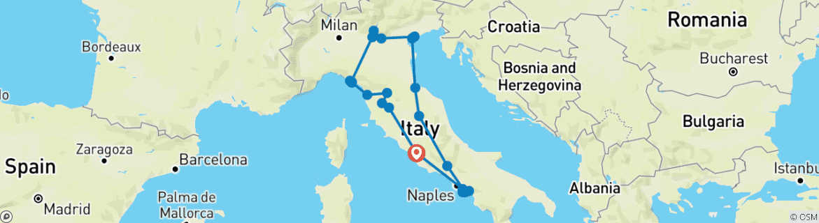 Image of a map showing the route of the tour