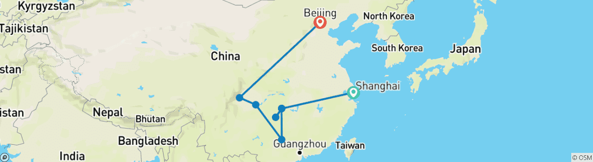 Image of a map showing the route of the tour