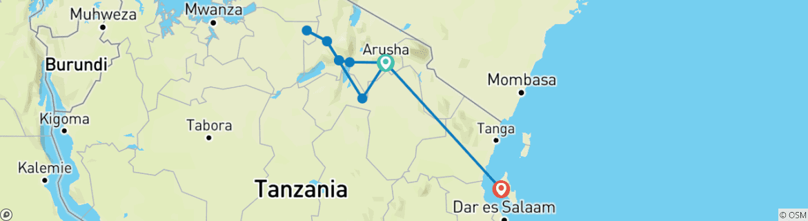 Image of a map showing the route of the tour