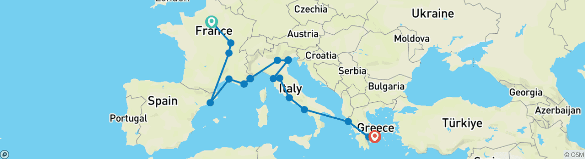 Image of a map showing the route of the tour