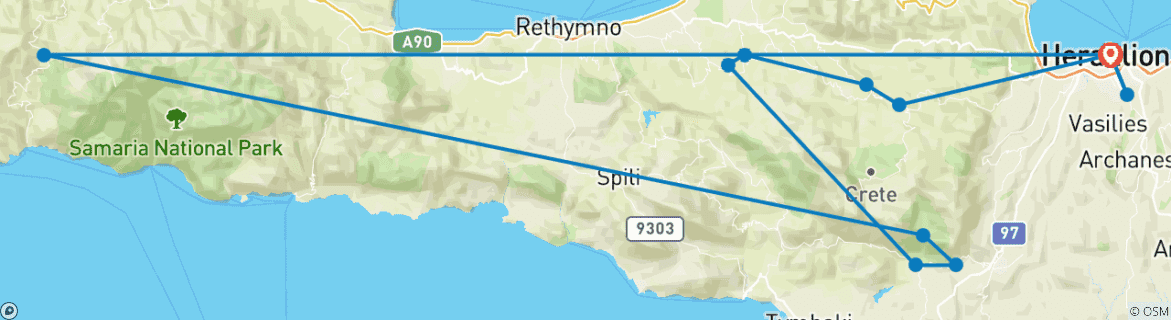 Image of a map showing the route of the tour