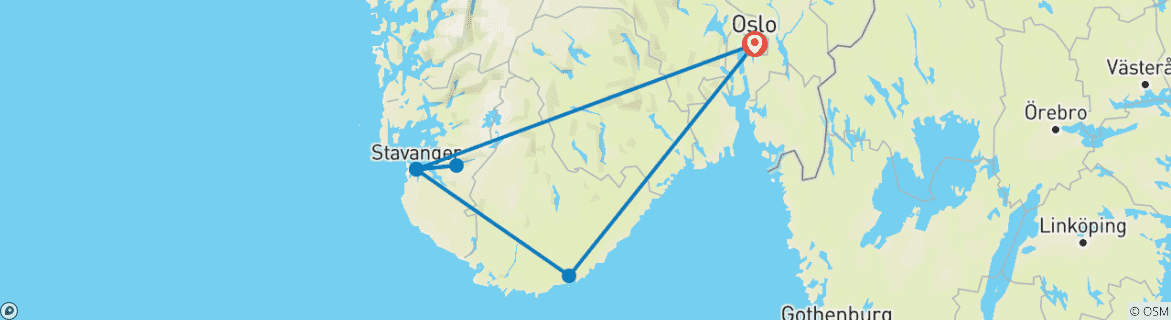 Carte du circuit Le sud de la Norvège en tout confort – entre fjords et villes