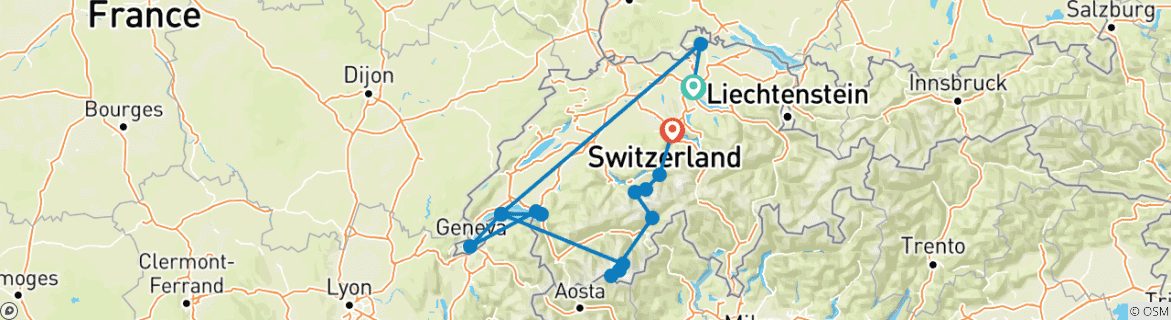 Image of a map showing the route of the tour