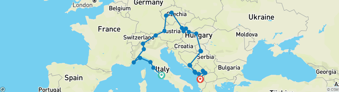 Carte du circuit De la Rome antique au cœur des Balkans en 30 jours ; circuit semi-privé avec un accompagnateur dédié et une voiture à disposition