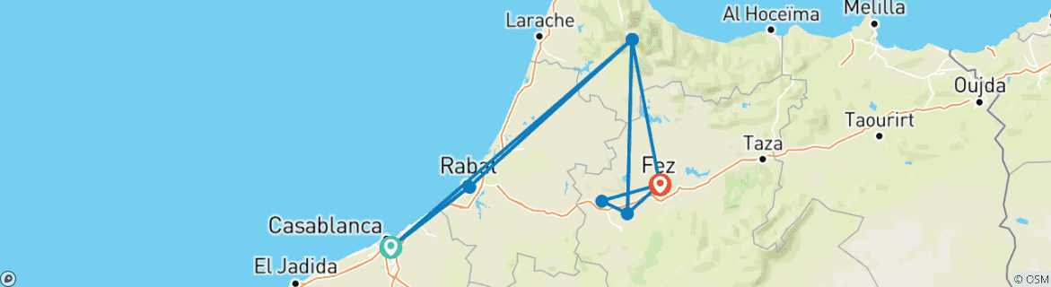 Image of a map showing the route of the tour