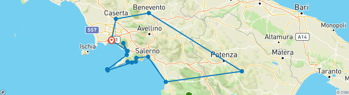 Image of a map showing the route of the tour