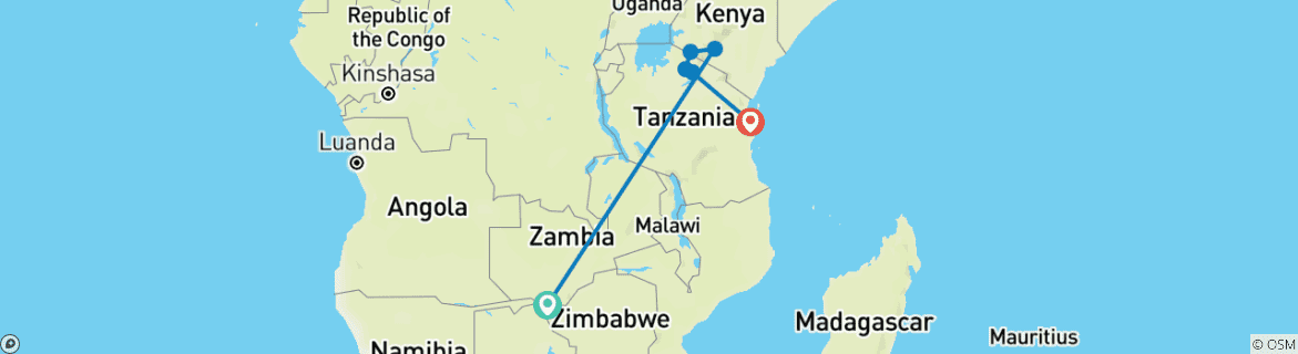 Image of a map showing the route of the tour