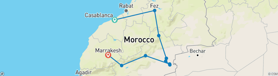 Image of a map showing the route of the tour
