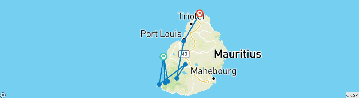 Image of a map showing the route of the tour