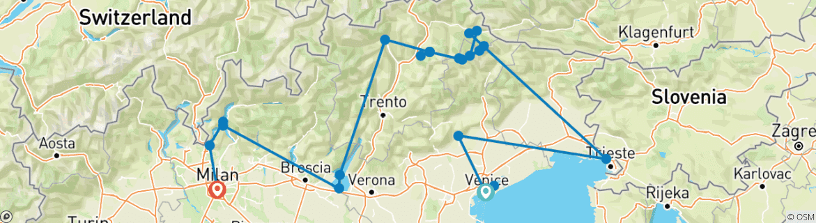 Karte von Die Dolomiten-Route: Von Venedig nach Mailand