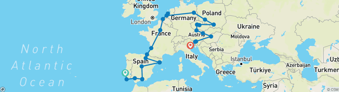 Image of a map showing the route of the tour