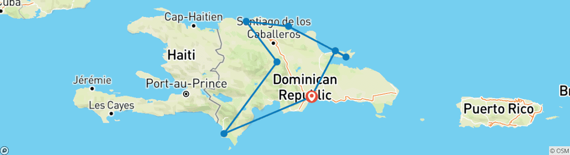 Image of a map showing the route of the tour