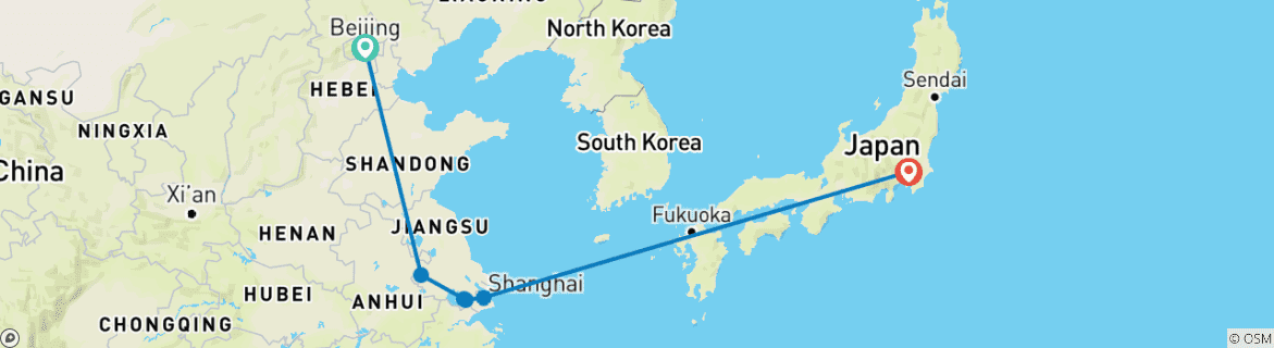 Image of a map showing the route of the tour