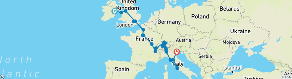 Image of a map showing the route of the tour