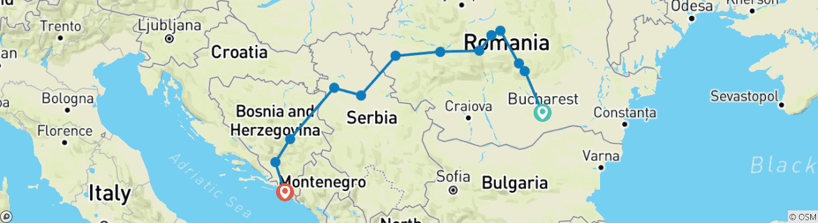 Image of a map showing the route of the tour