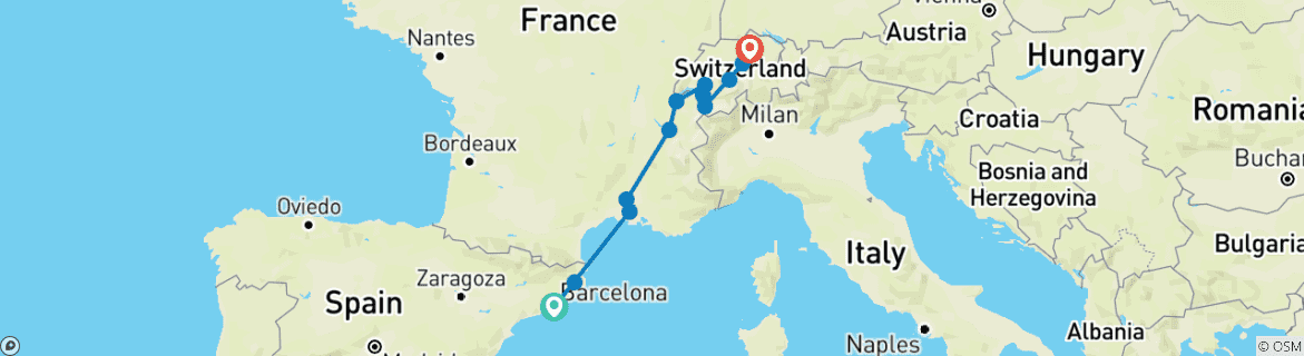 Kaart van Reis van Barcelona naar Zürich