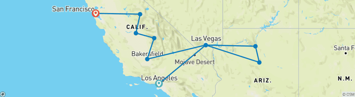 Image of a map showing the route of the tour