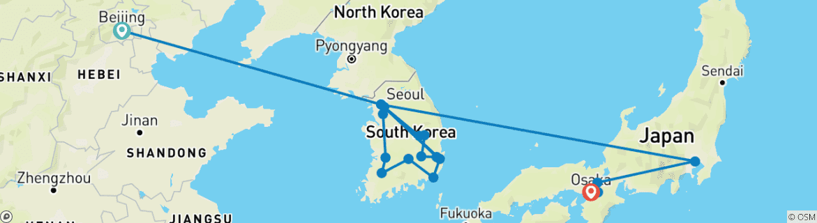 Image of a map showing the route of the tour