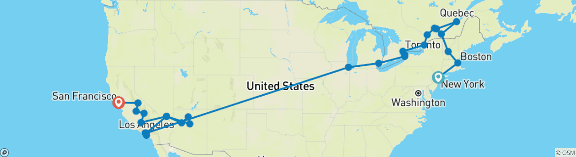 Image of a map showing the route of the tour