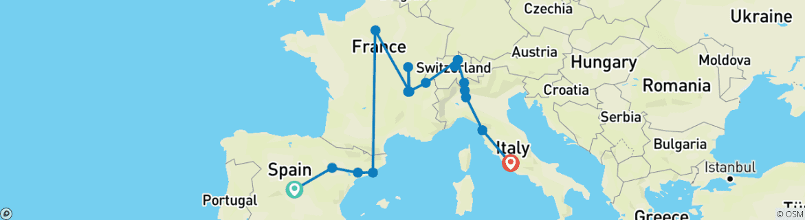 Image of a map showing the route of the tour