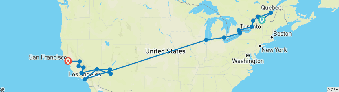 Image of a map showing the route of the tour