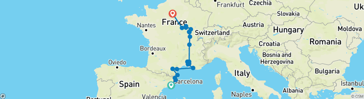 Carte du circuit Catalogne, Provence, Bourgogne et Paris (de Barcelone à Paris)