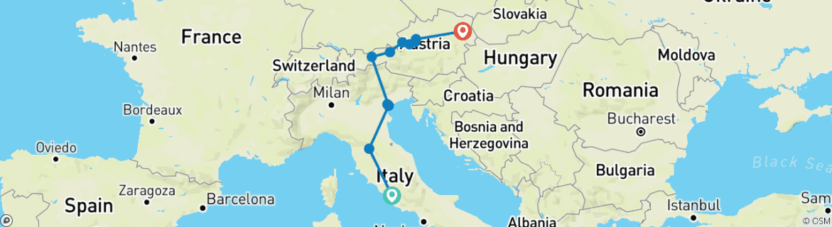 Image of a map showing the route of the tour