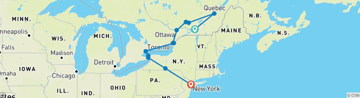 Image of a map showing the route of the tour
