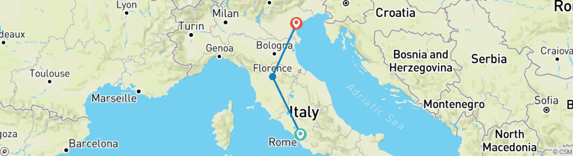 Image of a map showing the route of the tour
